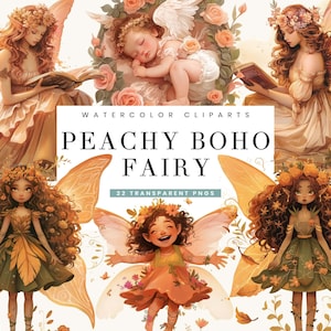 22 Watercolor Peachy Boho Fairy Clipart Bundle Sublimation Designs Digital Download, Digital Prints, Printable Art, Boho Decor PNG  Files