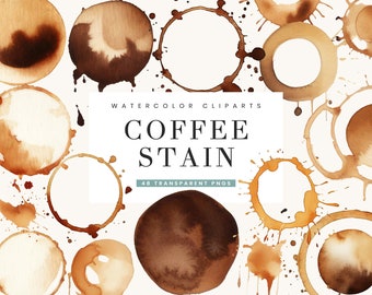 Watercolor Coffee Stain Clipart: 48 PNG Designs (Digital Download)