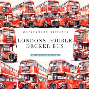 16 aquarel Londons dubbeldekker clipart bundel sublimatie ontwerpen digitale kunst aan de muur, digitale download png-bestanden direct downloaden