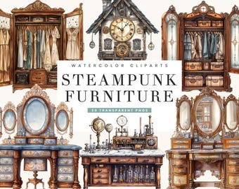 Watercolor Steampunk Furniture Clipart: 30 PNG Designs (Digital Download)