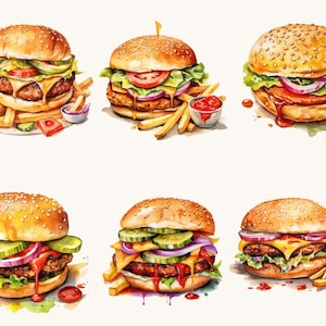Op de afbeelding: Zes aquarel illustraties van gourmet hamburgers met verschillende toppings, waaronder sla, tomaat, ui, augurken en kaas. Elke hamburger wordt geserveerd op een sesamzaadjesbroodje en wordt geleverd met frietjes.