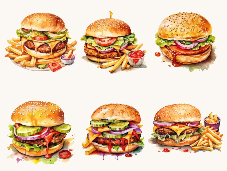 Op de afbeelding: Zes aquarel illustraties van gourmet hamburgers met verschillende toppings, waaronder sla, tomaat, ui, augurken en kaas. Elke hamburger wordt geserveerd op een sesamzaadjesbroodje en wordt geleverd met frietjes.