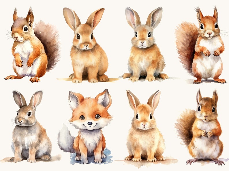 Pu&ograve; includere: Illustrazioni ad acquerello di animali del bosco, tra cui scoiattoli, conigli e una volpe. Gli animali sono raffigurati in tonalit&agrave; di marrone, arancione e grigio, con pelliccia dettagliata e occhi espressivi. L'opera d'arte ha uno stile morbido e stravagante.