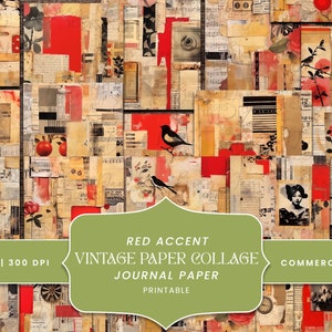21 Red Accents Vintage Paper Collage Junk Journal, Instant Download Printable Paper Digital Files Old Paper Digital Download