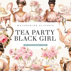 20 aquarel Tea Party Black Girl clipartbundel sublimatie ontwerpen, Instant Download, png-ontwerpen afdrukbare kunst, digitale print