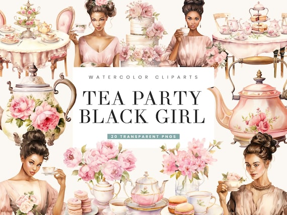 Watercolor Tea Party Clipart: Black Girl PNG Bundle (Digital Print)