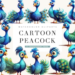 17 Cartoon Pfau Clipart Bundle digitaler Download, Sublimationsdesigns, sofortiger Download Png-Dateien, Digitaldrucke, kommerzielle Nutzung