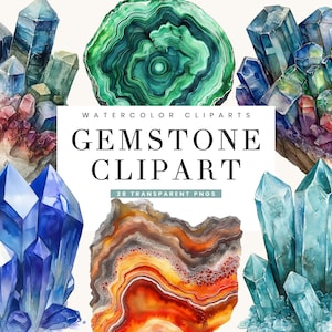 May include: Watercolor clip art of diverse gemstones, including amethyst, malachite, and agate. The image features crystal formations in shades of blue, green, purple, and orange. Text on the image reads "GEMSTONE CLIPART" and "28 TRANSPARENT PNGS."