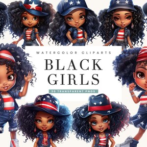 30, acquerello 4 luglio patriottico nero Chibi ragazza clipart Bundle, disegni png, download digitale, stampe digitali, download istantaneo, file png