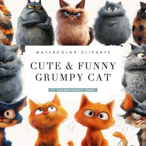 17 aquarelle chat grincheux mignon et drôle Clipart Bundle Sublimation designs impression numérique téléchargement immédiat, fichiers numériques, téléchargement numérique