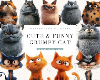 Paquete de imágenes prediseñadas de gato gruñón en acuarela: diseños divertidos de gatos (descarga digital)