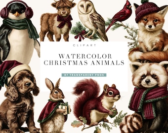 May include: A collection of watercolor illustrations featuring a penguin in earmuffs, a calf with a bow, an owl, a cardinal, a fox in a beanie, a dog in a Santa hat, a rabbit with a gift, a squirrel, and a red panda in a scarf. Text reads CLIPART WATERCOLOR CHRISTMAS ANIMALS 87 TRANSPARENT PNGS.