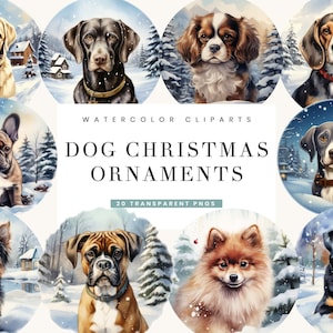 20 disegni a sublimazione di bundle di clipart di ornamenti natalizi con cane dell’acquerello, download digitale, arte da parete stampabile, download istantaneo, file Png