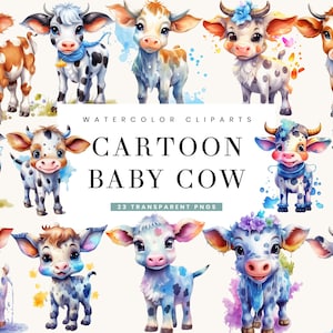Paquete de imágenes prediseñadas de vaca de dibujos animados de 23 acuarelas, Descarga digital, Diseños de sublimación, Impresiones de acuarela para uso comercial