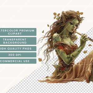 May include: A watercolor illustration of a green-skinned woman with long brown hair playing a flute. She is wearing a brown dress with a floral design and has leaves and flowers in her hair. The background is transparent.