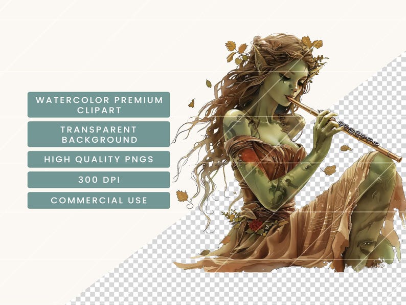 May include: A watercolor illustration of a green-skinned woman with long brown hair playing a flute. She is wearing a brown dress with a floral design and has leaves and flowers in her hair. The background is transparent.