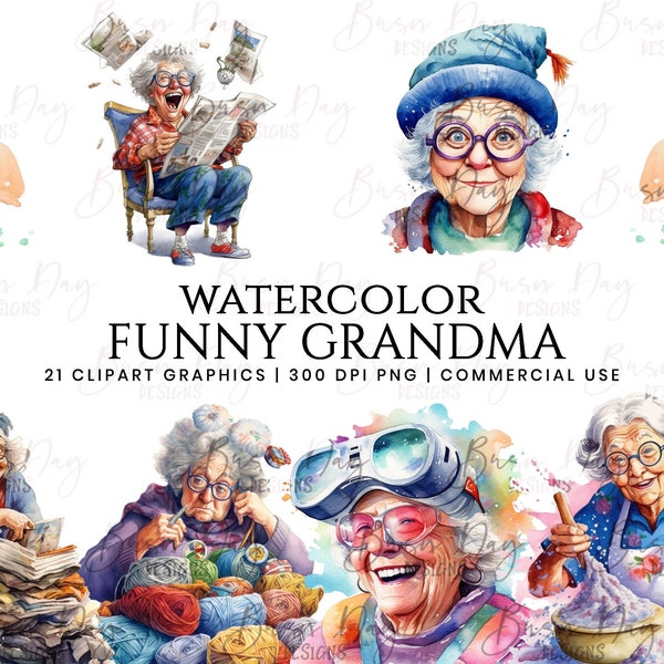 21 Watercolor Funny Grandma clipart bundle, digital download, digital planner, instant download, watercolor clipart, commercial use,