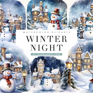 Bundle de cliparts aquarelle bonhomme de neige nuit d'hiver pour sublimation, téléchargement numérique, dessins PNG, impression d'art