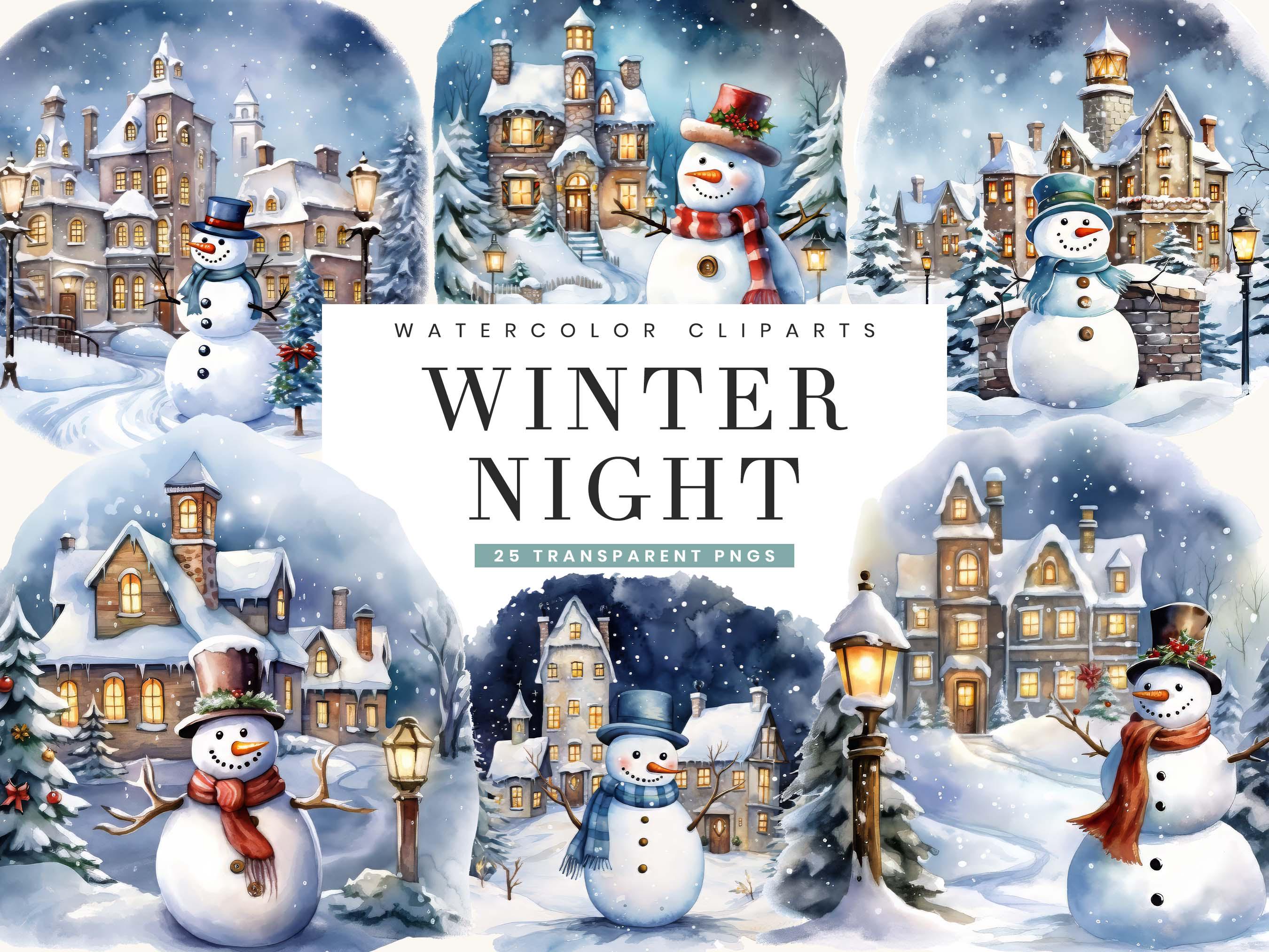 Watercolor Snowman Clipart Bundle: Winter Night PNG Designs (Digital  Download), image size:2700x2025