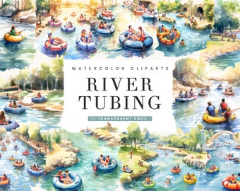 May include: Watercolor illustrations of people tubing down a river. The illustrations are in a bright, colorful style and feature people of different ages and races. The text "WATERCOLOR CLIPS RIVER TUBING 17 TRANSPARENT PNGS" is at the top of the image.
