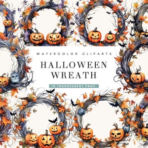 18 Watercolor Halloween Wreath Clipart Bundle Digital Download, Instant Download, Printable Art, Sublimation Designs Png Files