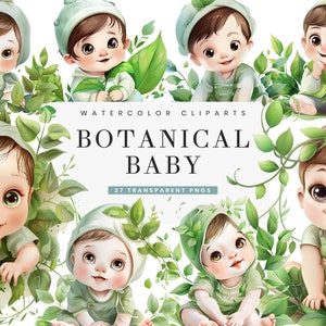 Bundle de cliparts pour bébés botaniques aquarelles, sublimation de dessins et modèles en téléchargement numérique, impressions numériques, téléchargement immédiat, art mural imprimable