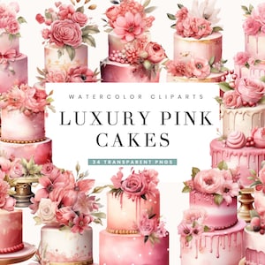 34 Watercolor Luxury Pink Cakes Clipart Bundle Sublimation Designs, Instant Download, Printable Art Digital Download, Png Bundle