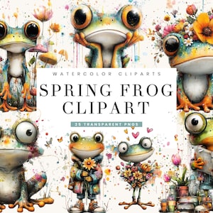 Puede incluir: Conjunto de imágenes prediseñadas de acuarela con ilustraciones de ranas caprichosas en varias poses. Las ranas están adornadas con flores, gafas y atuendos, sobre un fondo de elementos florales coloridos y el texto "SPRING FROG CLIPART".