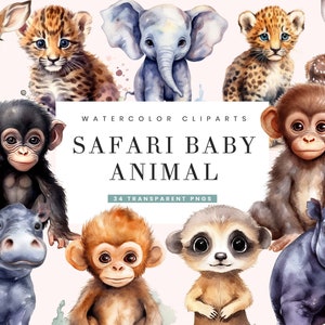34 Watercolor Safari Baby Animals Clipart Bundle, Sublimation Designs, Instant Download Watercolor Clipart