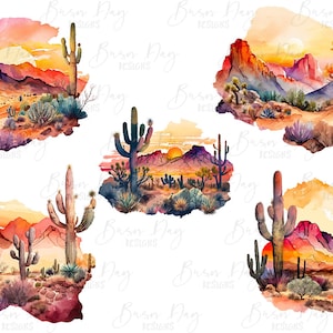K&ouml;nnte beinhalten: F&uuml;nf Aquarell-Illustrationen von W&uuml;stenlandschaften mit Kakteen und Bergen. Die Illustrationen sind vor einem Sonnenuntergangshintergrund mit warmen Orange-, Rosa- und Lilat&ouml;nen gehalten.
