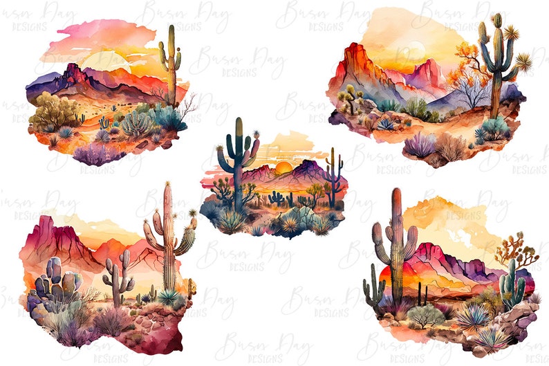 K&ouml;nnte beinhalten: F&uuml;nf Aquarell-Illustrationen von W&uuml;stenlandschaften mit Kakteen und Bergen. Die Illustrationen sind vor einem Sonnenuntergangshintergrund mit warmen Orange-, Rosa- und Lilat&ouml;nen gehalten.