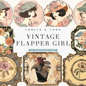 28 Junk Journal Vintage Flapper Girl Tags and Labels, Digital Journal Sublimation Designs Digital Download, Digital Prints, Png Designs