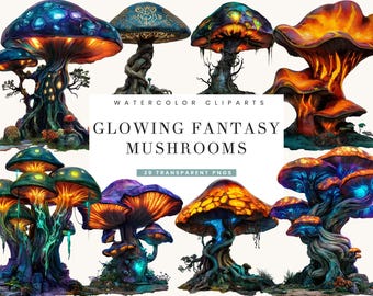 May include: Watercolor cliparts of glowing fantasy mushrooms in various colors, including blue, orange, and purple. The image features multiple mushroom designs with intricate details and the text "GLOWING FANTASY MUSHROOMS" and "29 TRANSPARENT PNGS".