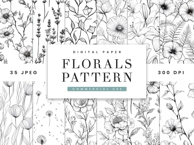 Op de afbeelding: Zwart-wit digitaal papier met bloempatronen. De afbeelding toont botanische illustraties van bloemen en bladeren. Tekst op de afbeelding luidt "DIGITAL PAPER FLORALS PATTERN COMMERCIAL USE" en "35 JPEG 300 DPI".