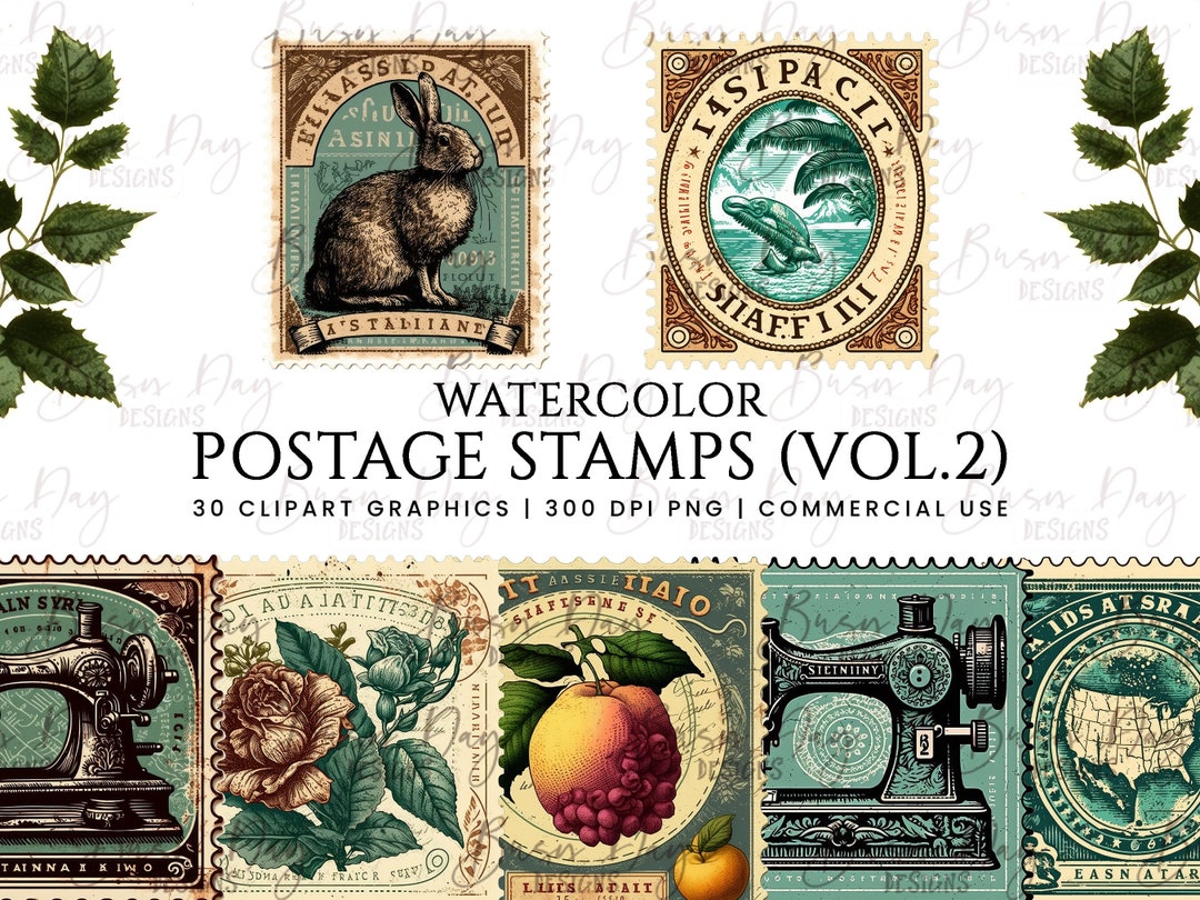 Watercolor Vintage Postage Stamps Clipart: Vol2, 30 PNG Graphics ...