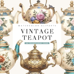 24 Watercolor Vintage Floral Teapot Clipart Bundle PNG Files Sublimation Designs Digital Download, Digital Prints Instant Download