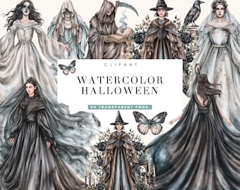 90 Watercolor Halloween Witch Clipart | Gothic PNG Bundle | Raven, Ghost Bride & Dark Fantasy Art