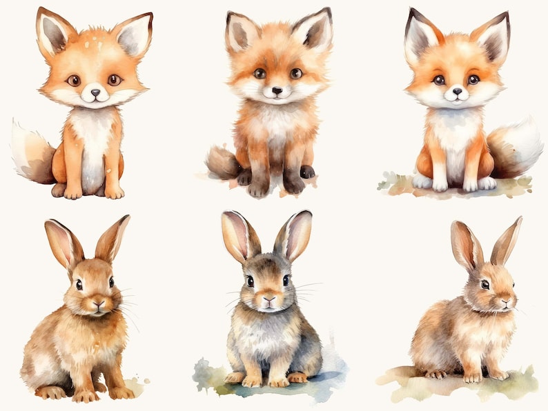 Pu&ograve; includere: Illustrazioni ad acquerello di sei animali del bosco: tre volpi e tre conigli. Le volpi sono arancioni e bianche, mentre i conigli sono marroni e grigi. Tutti sono raffigurati in posizione seduta su sfondo bianco.