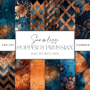May include: A set of 49 digital seamless patterns featuring copper and Prussian blue colors. The patterns include geometric shapes, abstract designs, and watercolor textures. The patterns are perfect for creating backgrounds, scrapbooking, and other creative projects.