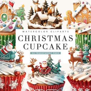 24 Aquarell Weihnachten Cupcake Clipart Bundle Sublimation Designs digitaler Download, Sofort-Download Digitaldrucke, PNG Designs Dateien