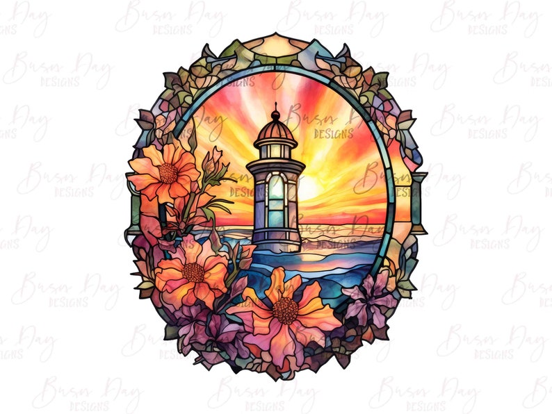 Watercolor Stained Glass Lighthouse Clipart Bundle (Digital Download) image 7