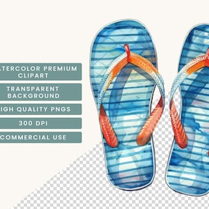 May include: A pair of blue and orange watercolor flip-flops. The flip-flops have a striped pattern and are set against a transparent background.