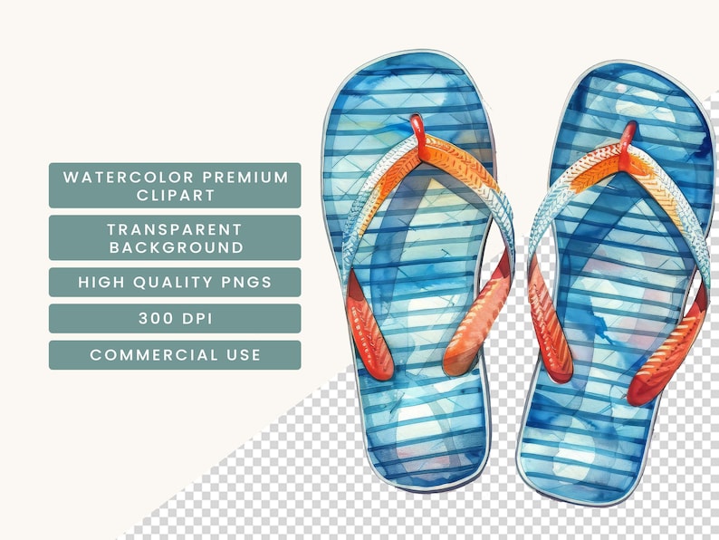 May include: A pair of blue and orange watercolor flip-flops. The flip-flops have a striped pattern and are set against a transparent background.