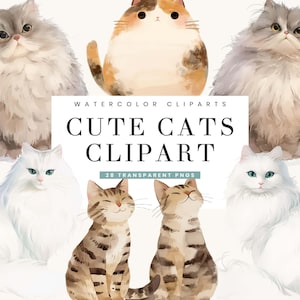 28 Watercolor Cute Cats Clipart Bundle Sublimation Designs Digital Download, Digital Prints Instant Download, Cats PNG Files, Wall Art