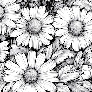 Op de afbeelding: Zwart-wit bloemenpatroon met gedetailleerde tekeningen van madeliefjes en bladeren. Het ontwerp toont een contrastrijke, artistieke weergave van de bloemen, met ingewikkelde lijnen en schaduwen, waardoor een visueel rijk en gestructureerd effect ontstaat.