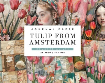 May include: A digital collage featuring pink tulips, vintage paper, and a portrait of a young woman. The text "TULIP FROM AMSTERDAM" is displayed in a white box with a light blue border. The text "26 JPEG | 300 DPI" is also displayed in the white box.