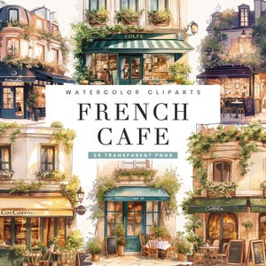 26 Pacote de clipart de aquarela aconchegante French Cafe para sublimação de designs para download digital, download instantâneo de impressões digitais, impressões de arte digital