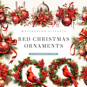 22 Watercolor Red Christmas Ornaments clipart Bundle Sublimation Designs, Digital Download Printable Wall art Instant Download Png Files
