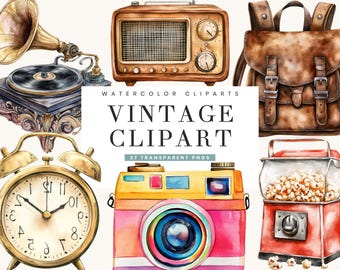 May include: Watercolor clipart featuring vintage items. Includes a gramophone, radio, backpack, alarm clock, camera, and popcorn machine. The image has the text "VINTAGE CLIPART" and "27 TRANSPARENT PNGS".