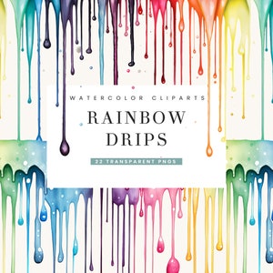 22 Acuarela Rainbow Drip Clipart Bundle Descarga digital, Diseños de sublimación, Uso comercial, Descarga instantánea de arte imprimible